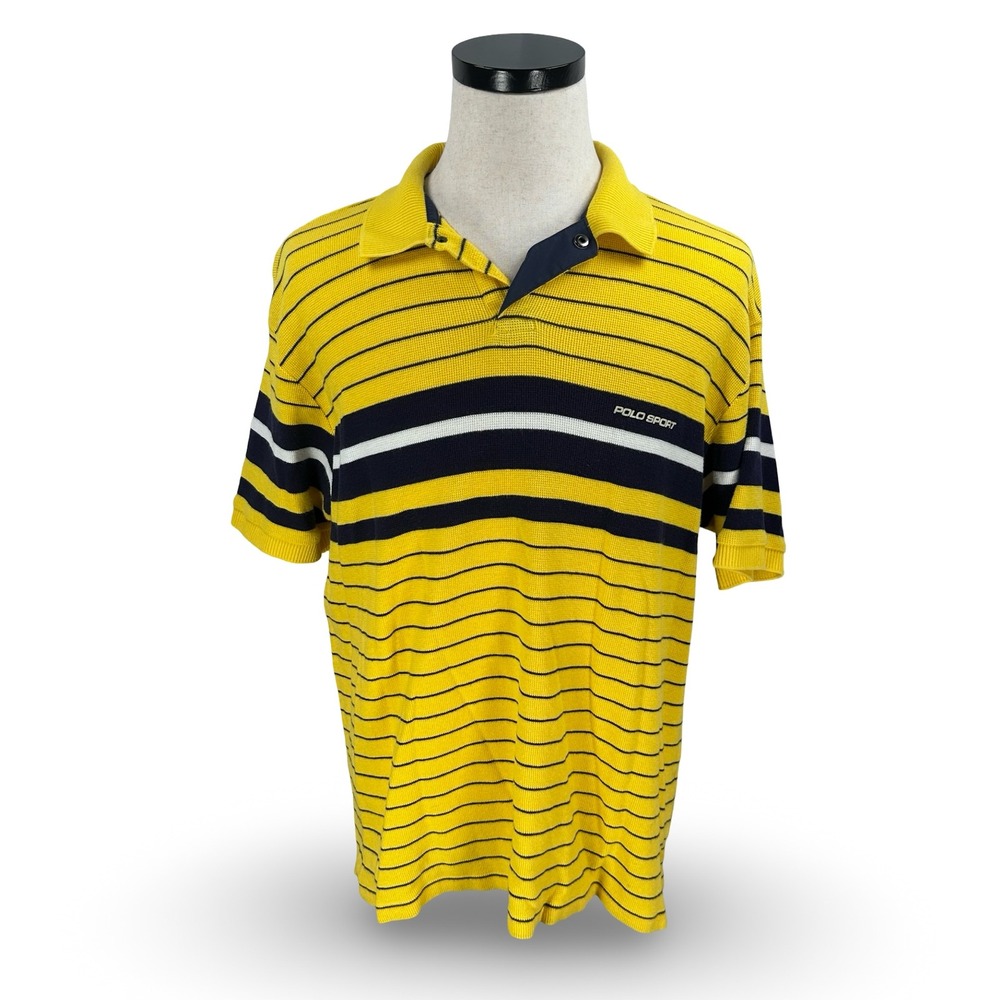 Polo Sport Ralph Lauren Mens XL Yellow Navy Striped Waffle Shirt Vintage 90s